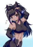  abs animal_ears aqua_background arm_up armpits bangs bare_shoulders biceps black_gloves black_hair black_legwear black_sports_bra blue_wristband breasts bridle brown_eyes brown_thoroughbred_(kemono_friends) collarbone commentary_request covered_nipples cowboy_shot d: dark_skin elbow_gloves eyebrows_visible_through_hair eyelashes fingerless_gloves flying_sweatdrops gloves gradient gradient_background gradient_hair hand_on_own_head head_tilt highres horizontal_pupils horse_ears horse_girl horse_tail kemono_friends large_breasts long_hair looking_at_viewer midriff multicolored_hair navel open_mouth pantyhose polka_dot polka_dot_background purple_hair quatre_aaaa sideboob simple_background solo sports_bra stomach swept_bangs tail toned two-tone_hair v-neck wristband 