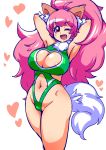  1girl animal_ears bare_legs bare_shoulders breasts cat_ears cat_girl cleavage cleavage_cutout curvy female happy heart_cutout highleg highleg_leotard highres large_breasts leotard partially_visible_vulva paw_print perisie_(star_ocean) pink_hair ponytail ryoi shiny shiny_skin simple_background smile solo standing star_ocean star_ocean_first_departure thick_thighs thighhighs thighs thong_leotard very_long_hair wink 