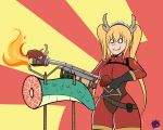  blonde_hair cosplay crossover dragon dragon_girl dragon_horns dragon_tail fangs fire flamethrower frank_araya gloves gradient_hair highres horns kobayashi-san_chi_no_maidragon long_hair maid_headdress multicolored_hair orange_hair tail team_fortress_2 the_pyro the_pyro_(cosplay) tooru_(maidragon) twintails weapon 