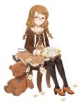  book braid brown_eyes collarbone dress flower full_body glasses hair_ornament jewelry kumashige necklace original short_twintails sitting stuffed_animal stuffed_toy teddy_bear twin_braids twintails 