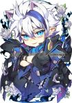  &gt;:) animal_ears black_gloves black_jacket black_pants blue_eyes blue_hair blue_shirt bracelet cat_ears chibi ciel_(elsword) cross cross_earrings crossed_arms dreadlord_(elsword) earrings elsword eyebrows_visible_through_hair flower gloves jacket jewelry looking_at_viewer male_focus multicolored_hair pants pika_(kai9464) pointy_ears rose shirt solo strap streaked_hair watermark web_address white_flower white_hair white_rose 