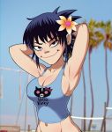  1girl asian beach black_hair breasts day gorillaz hair_flower no_bra noodle_(gorillaz) shadman tank_top upper_body 