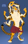  2018 6_arms anthro bulge clothed clothing english_text feline kobi_lacroix looking_at_viewer male mammal multi_arm multi_limb nipples russian_text shorts smile text tiger yellow_eyes 