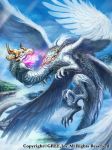  breathing_fire cloud cloudy_sky commentary_request day dragon fire floating_island flying glowing glowing_eyes highres light_rays monster multiple_wings no_humans official_art outdoors seisen_cerberus sky watermark wings z.dk 