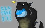  blue_skin cajun costume crocodile crocodilian dahurgthedragon english_text fursuit godzilla godzilla_(series) happy male muscular pose price_tag ragincajun reptile scales scalie shiny simple_background smile smith spines text 