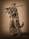  anatomical_cuirass anthro armor breast_plate breastplate cape cheetah clothing digitigrade feline female foot_wraps helmet hindpaw mammal melee_weapon monochrome paws sepia solo sword titusw weapon wraps 