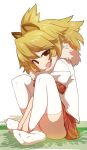  animal_ears bangs between_legs blonde_hair blush brown_eyes checkered checkered_skirt eyebrows_visible_through_hair fang full_body hand_between_legs kemono_friends lion_(kemono_friends) lion_ears looking_at_viewer looking_to_the_side medium_hair no_shoes on_floor open_mouth pleated_skirt raised_eyebrows red_skirt shirt short_sleeves simple_background sitting skirt solo sumiyao_(amam) thighhighs white_background white_legwear white_shirt 