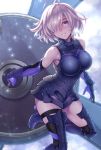  arm_behind_back armor asymmetrical_legwear bare_shoulders black_armor black_legwear black_leotard elbow_gloves eyebrows_visible_through_hair fate/grand_order fate_(series) gloves hair_over_one_eye high_heels holding holding_shield leg_up leotard light_particles mash_kyrielight over-kneehighs parted_lips purple_eyes purple_gloves purple_hair ryou_(pix_gallerio) shield short_hair solo thigh_strap thighhighs 