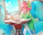  bangs cup dress fang fantasy furry green_eyes hair_ornament hair_over_eyes hairband highres lolita_hairband oncha open_mouth original otoko_no_ko pantyhose pink_hair short_hair sitting tea teacup window 