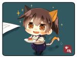  animal_ears apple_bunny artist_name blue_hakama blush brown_eyes brown_hair cat_ears cat_tail chibi commentary_request extra_ears eyebrows_visible_through_hair from_above hakama hakama_skirt japanese_clothes kaga_(kantai_collection) kantai_collection kemonomimi_mode looking_at_viewer minigirl motion_lines open_mouth plate shadow side_ponytail smile solo sparkle sparkling_eyes tail taisa_(kari) 