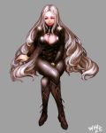  blush bodysuit breasts cleavage cleavage_cutout crossed_legs dungeon_and_fighter highres kibellin large_breasts long_hair looking_at_viewer smile solo white_hair 