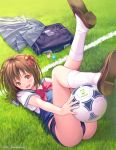  1girl bag ball bell bow brown_eyes brown_hair buruma clothes_removed female grass hair_ornament hair_ribbon holding legs_up loafers lying mana_kakkowarai on_back original ribbon school_uniform serafuku skirt skirt_removed soccer_ball solo web_address 