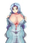  blue_bodysuit blue_hair blush bodysuit breasts cleavage collarbone commentary english_commentary eyebrows_visible_through_hair highres huge_breasts long_hair looking_at_viewer multicolored multicolored_clothes multicolored_eyes nav navel open_bodysuit open_clothes rainbow_eyes seductive_smile simple_background sitting smile solo star_breaker suguri white_background 