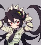  arms_up black_hair black_neckwear breast_pocket breasts closed_mouth collared_shirt commentary_request extra_mouth filia_(skullgirls) gazacy_(dai) grey_background hair_between_eyes hand_behind_head highres light_blush living_hair long_sleeves medium_breasts necktie pocket pout prehensile_hair red_eyes samson_(skullgirls) sharp_teeth shirt simple_background skullgirls solo sweat teeth white_shirt 