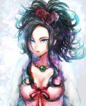  black_hair blue_eyes breasts cleavage deborah dragon_quest dragon_quest_v eyelashes feather_boa flower gem gotou_(goto_sep) hair_flower hair_ornament jewelry large_breasts long_hair looking_at_viewer mole mole_under_eye necklace open_mouth red_flower red_ribbon red_rose ribbon ringed_eyes rose sidelocks solo upper_body 