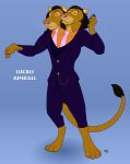  2017 2_heads anthro clothed clothing comb english_text feline kobi_lacroix lion looking_at_viewer male mammal multi_head necktie smile suit_and_tie text yellow_eyes 