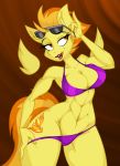  2018 abs anthro bikini breasts brown_eyes cleavage clothed clothing cutie_mark equine eyewear female friendship_is_magic hair jrvanesbroek licking licking_lips lipstick makeup mammal muscular muscular_female my_little_pony orange_hair pegasus pose purple_lipstick solo spitfire_(mlp) sunglasses swimsuit tongue tongue_out wings wonderbolts_(mlp) 