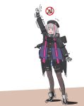  &gt;_&lt; antennae bangs beret black_gloves black_hat black_jacket black_legwear black_skirt cellphone desert_tech_mdr dot_nose eyebrows_visible_through_hair flip_phone girls_frontline gloves grey_gloves grey_hair gun hat highres jacket long_hair long_sleeves mdr_(girls_frontline) multicolored_hair one_side_up open_mouth pantyhose phone pink_hair selby side_ponytail sidelocks signal_bar skirt solo strap streaked_hair sweatdrop tactical_clothes thigh_pouch tiptoes trembling upper_teeth weapon 