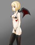  absurdres bikini black_bikini black_legwear black_swimsuit blonde_hair breasts demon_wings fmg grey_background highres medium_breasts navel original red_eyes short_hair solo swimsuit thighhighs wings 