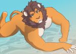  2018 anthro butt digital_media_(artwork) feline fur hair imminent_sex lion looking_at_viewer male mammal mane nude requiembeatz sand simple_background smile solo swimming water 