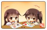  akagi_(kantai_collection) artist_name blush brown_eyes brown_hair chibi child_drawing commentary crayon dual_wielding eyebrows_visible_through_hair holding japanese_clothes kaga_(kantai_collection) kantai_collection long_hair multiple_girls open_mouth orange_background side_ponytail simple_background smile table taisa_(kari) tasuki 