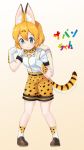  absurdres animal_ears backpack bag belt blonde_hair blue_eyes blush bow bowtie character_request clenched_hand commentary_request gloves highres if_they_mated kaban_(kemono_friends) kemono_friends loafers serval_(kemono_friends) serval_ears serval_print serval_tail shirt shoes short_hair short_sleeves shorts socks solo t-shirt tail translated v-neck walpurgis_(895737978brs) 