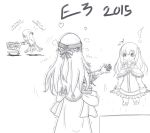  2015 2girls chibi chibi_inset drawfag electronic_entertainment_expo gloves greyscale hair_ornament hologram long_hair monochrome multiple_girls neptune_(series) non-web_source parody pushcart shaking simple_background surprised trembling vert vert's_sister white_background 