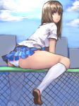  :o absurdres bangs black_hair blue_skirt blush brown_hair chain-link_fence day fence from_side highres kibellin kneehighs long_hair looking_at_viewer looking_back miniskirt on_fence original outdoors panties pantyshot pleated_skirt school_uniform serafuku shirt short_sleeves skirt solo straddling underwear uniform white_legwear white_panties white_shirt 