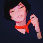  black_hair close-up closed_eyes commentary face head_tilt ilya_kuvshinov lips neck_ribbon original parted_lips ribbon short_hair simple_background solo 