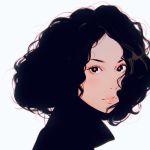  black_eyes black_hair chromatic_aberration close-up closed_mouth curly_hair duplicate face highres ilya_kuvshinov lips looking_at_viewer original portrait short_hair solo white_background 