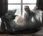  2018 angiewolf anthro black_nose blue_eyes canine day detailed_background digital_media_(artwork) fur grey_fur headphones inside mammal nude pawpads pink_pawpads window wolf 