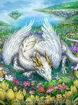  closed_eyes cloud cloudy_sky commentary day dragon feathers floating_island flower grass highres meadow monster no_humans official_art outdoors red_flower seisen_cerberus sky sleeping watermark z.dk 