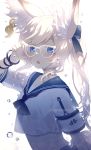  animal_ears bangs blue_eyes bubble glasses kumashige looking_at_viewer navel open_mouth original sailor_collar school_uniform twintails underwater upper_body water white_hair 
