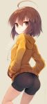  ahoge ass bad_id bad_twitter_id bike_shorts brown_eyes brown_hair hands_in_pockets hood hoodie jacket linne looking_back short_hair solo under_night_in-birth wataru_(eguru200) 