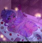  2018 4_toes 5_fingers anthro bored_user boreduser breasts detailed_background digital_media_(artwork) feline female mammal nipples partially_submerged pawpads purple_eyes pussy smile solo toes water 