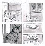  ! 2018 4koma ? absurd_res black_nose canine chihuahua comic customer_service_wolf dialogue dog hi_res mammal onomatopoeia snout sound_effects text unknown_artist wolf 
