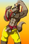  abs anthro armor balls brown_eyes canine clothing firefighter firefighter_helmet helmet jewelry lupus_signatus male mammal muscular muscular_male necklace penis solo underwear wolf 