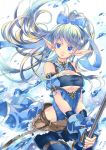  bahamut_lagoon belt black_gloves black_legwear blue_bow blue_eyes bow breasts cleavage_cutout earrings ecatrina elf fingerless_gloves gloves hair_bow holding holding_staff ice jewelry long_hair medium_breasts pointy_ears silver_hair solo staff standing thighhighs touka_(jue) underboob 