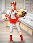  apron blue_eyes long_hair mona_(warioware) orange_hair pizza rollers tagme warioware 