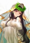  bangs bare_shoulders black_hair bodysuit breasts bridal_veil cleavage closed_mouth commentary cosplay detached_sleeves earrings eyebrows_visible_through_hair fate/extra fate/extra_ccc fate/grand_order fate_(series) full-length_zipper head_wreath ishtar_(fate/grand_order) jewelry leotard lock long_hair looking_at_viewer nero_claudius_(bride)_(fate) nero_claudius_(bride)_(fate)_(cosplay) nero_claudius_(fate)_(all) padlock puffy_sleeves red_eyes simple_background smile solo veil white_background white_bodysuit white_leotard white_sleeves yaoshi_jun zipper zipper_pull_tab 