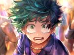  all_might anezu artist_name blurry blurry_background boku_no_hero_academia clenched_hand crowd freckles green_eyes green_hair jewelry looking_at_viewer male_focus midoriya_izuku necklace open_mouth outdoors solo_focus standing tears upper_body 