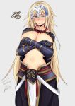  :d blonde_hair blue_eyes blush breasts cleavage cosplay covering covering_breasts crossed_arms embarrassed fate/grand_order fate_(series) helmet jeanne_d'arc_(fate) jeanne_d'arc_(fate)_(all) large_breasts long_hair navel open_mouth rib:y(uhki) smile solo sweatdrop very_long_hair yan_qing_(fate/grand_order) yan_qing_(fate/grand_order)_(cosplay) 