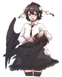  black_hair black_legwear black_neckwear black_skirt black_wings breasts collared_shirt commentary_request eyebrows_visible_through_hair feathered_wings frilled_skirt frills hat highres kneehighs korean_commentary long_sleeves looking_away medium_breasts necktie notebook open_mouth pigeoncrow pom_pom_(clothes) red_eyes shameimaru_aya shirt short_hair simple_background skirt smile thigh_gap tokin_hat touhou visible_ears white_background white_shirt wide_hips wings 