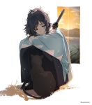  blue_eyes blue_hair cat crying dalc_rose hair_ribbon holding holding_weapon japanese_clothes male_focus mole mole_under_eye ponytail ribbon solo touken_ranbu twitter_username uchigatana weapon yamato-no-kami_yasusada 