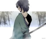  blue_eyes blue_hair dalc_rose japanese_clothes kimono kimono_pull looking_back male_focus mole mole_under_eye ponytail smile solo sword touken_ranbu twitter_username uchigatana weapon yamato-no-kami_yasusada 