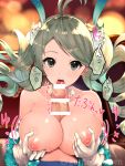  1girl antenna_hair bad_id bad_pixiv_id bangs bar_censor bare_shoulders breasts censored cleavage commentary_request de_la_fille detached_collar drill_hair elbow_gloves fellatio gem gloves granblue_fantasy green_eyes green_hair guri1105 hair_ornament happy_sex hetero highres jewelry large_breasts long_hair looking_at_viewer nipples open_mouth oral paizuri penis saliva self_fondle shiny shiny_skin swept_bangs tied_hair twin_drills twintails twitter_username upper_body white_gloves 