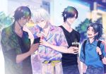  :d backpack bag belt black_hair blue_shirt blurry blurry_background brown_eyes casual cellphone contemporary dark_skin denim drink drinking drinking_straw hair_between_eyes hair_over_one_eye kurakichi36 looking_at_another male_focus multiple_boys ookurikara open_mouth orange_eyes outdoors pants parted_lips phone ponytail shirt shokudaikiri_mitsutada smartphone smile standing taikogane_sadamune touken_ranbu tsurumaru_kuninaga white_hair wristband 