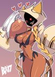  1girl bigdead93 blazblue blonde_hair blush braid breasts cleavage dark_skin food long_hair red_eyes sharp_teeth solo tagme taokaka twin_braid twintails 