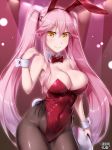  animal_ears black_legwear bow bowtie breasts bunny_ears bunny_girl bunny_tail bunnysuit character_request cleavage cocytus_(wind_master) cowboy_shot detached_collar kerberos_blade large_breasts leotard long_hair looking_at_viewer pantyhose pink_hair red_leotard red_neckwear smile solo strapless strapless_leotard tail wrist_cuffs yellow_eyes 