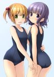  ass blue_background blue_swimsuit bob_cut brown_hair cowboy_shot flat_chest green_eyes hair_bobbles hair_ornament highres looking_at_viewer multiple_girls old_school_swimsuit one-piece_swimsuit original purple_eyes purple_hair school_swimsuit shibacha simple_background smile standing swimsuit twintails wavy_hair 